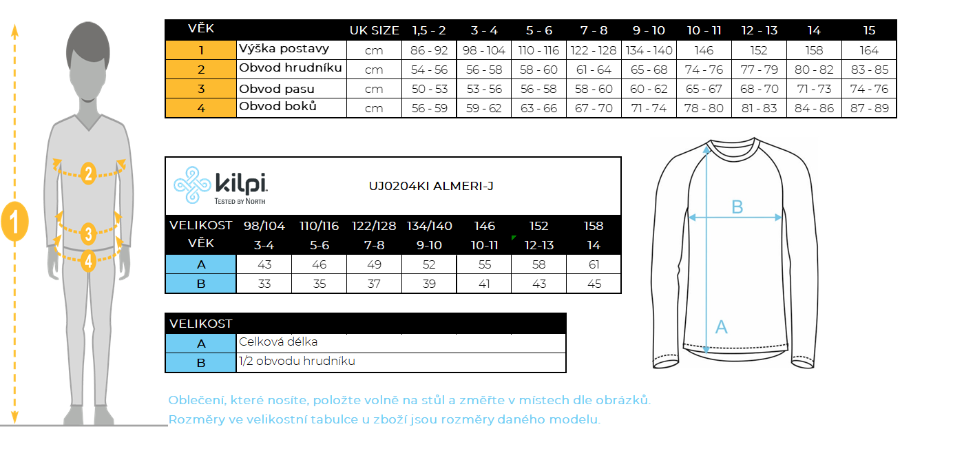 Kilpi-Almeri-J - velikostní tabulka